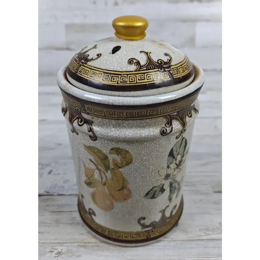 Vintage Crackle Glaze Porcelain Lidded Canister Jar Hummingbird Pear Decor 7 In